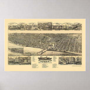 Affiche Racine, WI Carte panoramique - 1883