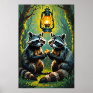 Affiche Racoons mignons tenant une lanterne Art forestier
