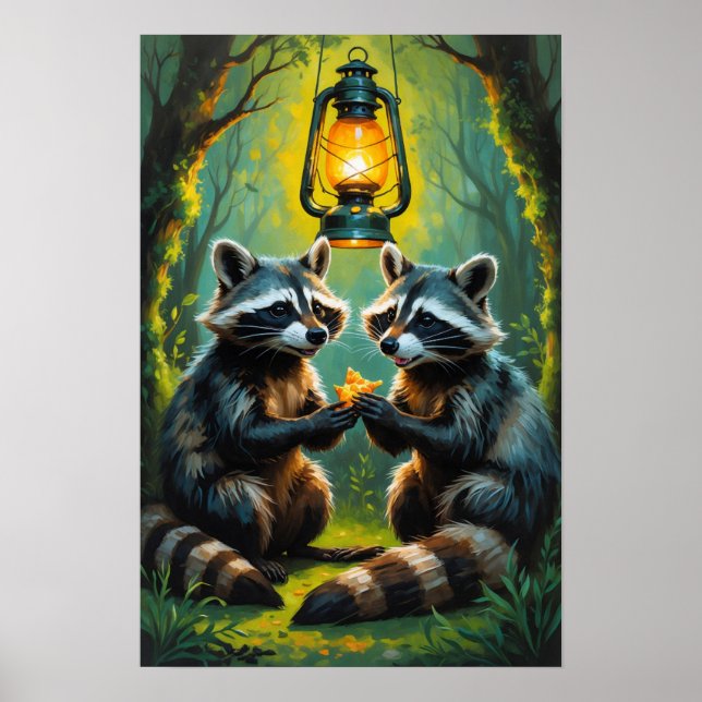 Affiche Racoons mignons tenant une lanterne Art forestier  (Devant)