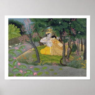 Affiche Radha et Krishna embrassent dans un bosquet de fle