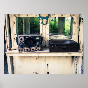 Affiche Radio Vintage rustique et valise Patinée