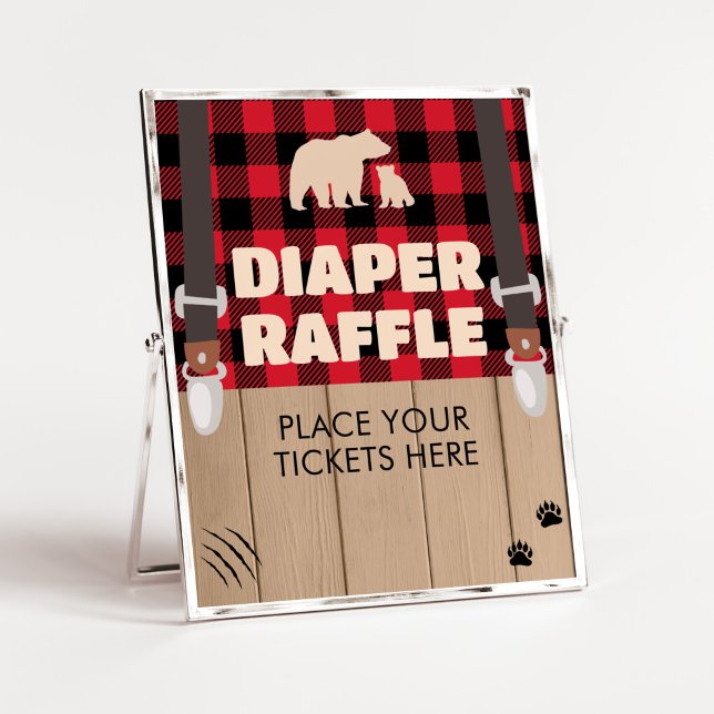 Affiche Raffin de bûcheron rouge rustique (Plaid Lumberjack Baby Shower Diaper Raffle Sign)
