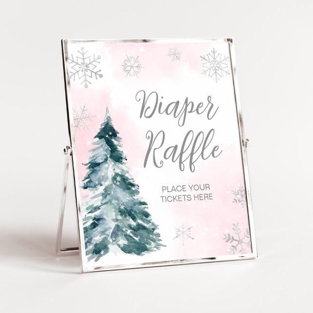 Affiche Raffle de couches d'hiver roses à froid (Pink Silver Winter Baby Shower Diaper Raffle Sign)