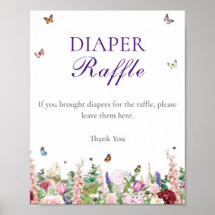 Affiche Raffle de couches   Fleurs et papillons violets ro
