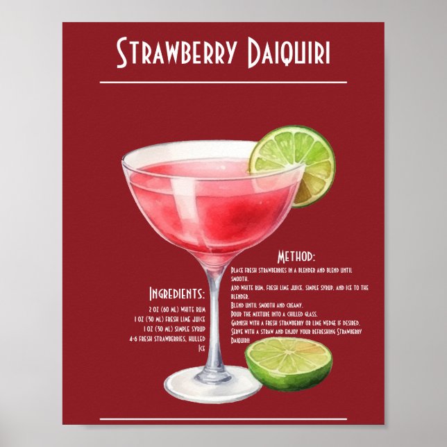 Affiche Rafraîchir la fraise Daiquiri Recette Bar (Devant)