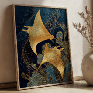 Affiche Raies Manta Bleu Nuit & Or Élégant Art Kintsugi