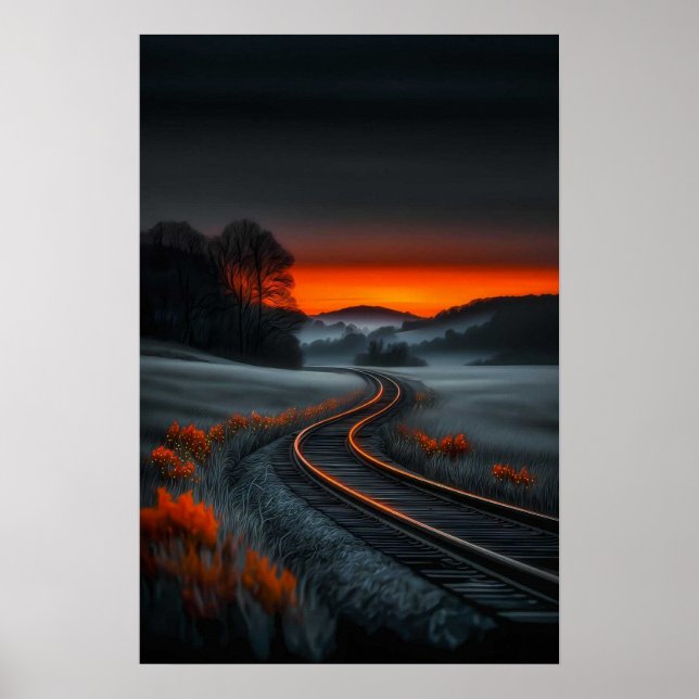 Affiche Rails du crépuscule : chemin vers l'horizon (Devant)