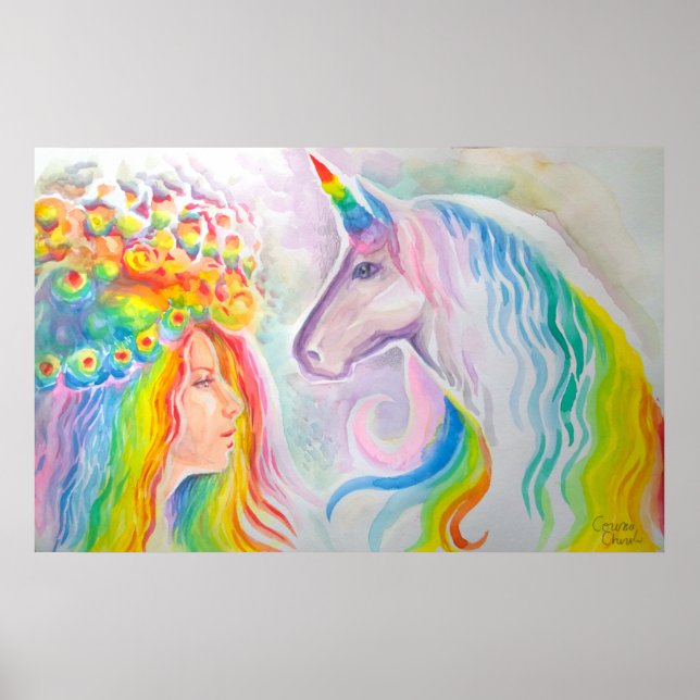 Affiche Rainbow cheveux fille et licorne (Devant)