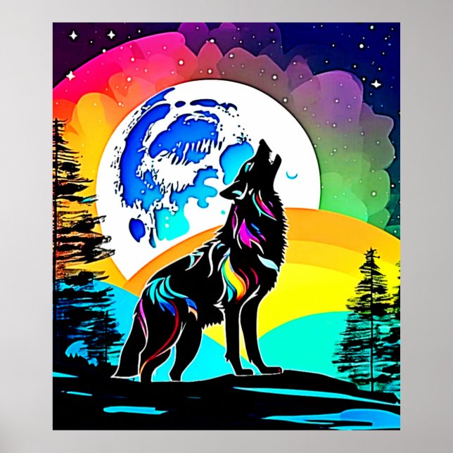 Affiche Rainbow Lunar Wolf Howl Art (Devant)
