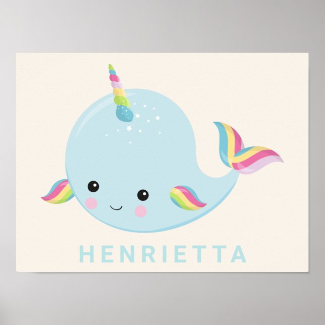 Affiche Rainbow Narwhal Kawaii Motif Pastel Blue Nom (Devant)