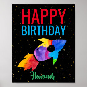Affiche Rainbow Rocket Ship Exterspace Anniversaire