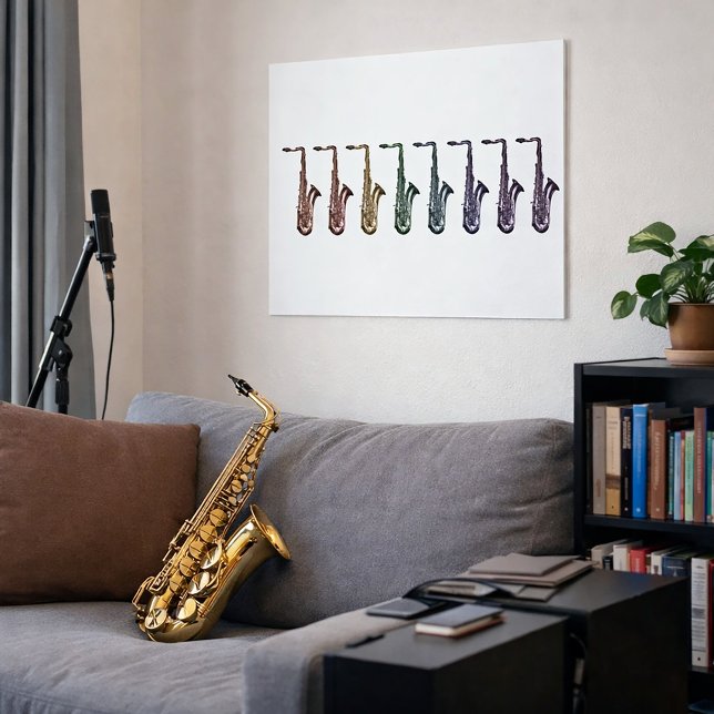 Affiche Rainbow Saxophone Lineup Music Lover Art  (A poster with a lineup of rainbow saxophones.)