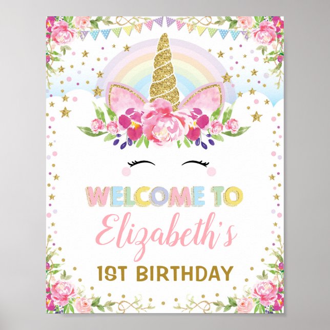 Affiche Rainbow Unicorn Pink Gold Floral Birthday Welcome (Devant)