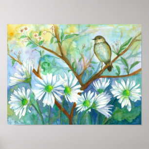 Affiche Rainy Day Bird Daisy Flower Garden Watercolor
