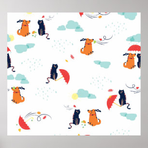 Affiche Rainy Day Friends : Chien de chat Vintage