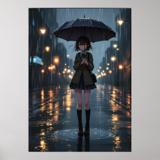 Affiche Rainy Night Anime Girl avec parapluie