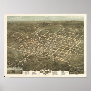 Affiche Raleigh N. Carolina 1872 Carte panoramique antique