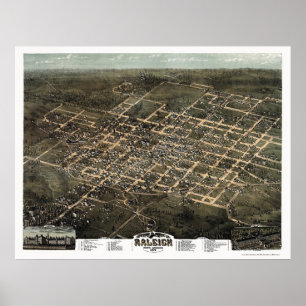 Affiche Raleigh, NC Carte panoramique - 1872