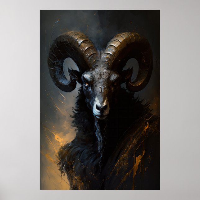Affiche Ram Portrait Animal Nature Faune Peinture Sombre (Devant)