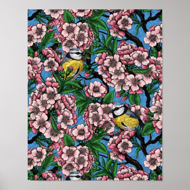 Affiche Rameaux bleus dans le cerisier en fleurs sur le bl (Devant)