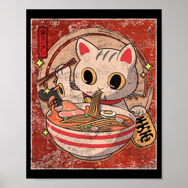 Affiche Ramen Cat Kawaii Anime Japonais Alimentation Gift  (Devant)