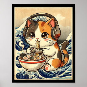 Affiche Ramen Chat Anime Joueur Art Japonais Rétro Vintage