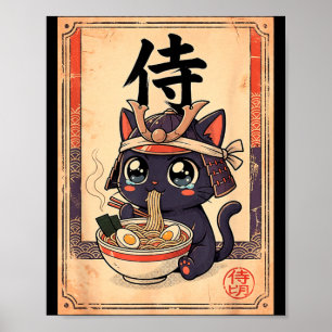 Affiche Ramen de samouraï japonais Chat Manga vintage