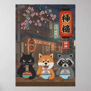 Affiche Ramen japonais chat chien Raton laveur Animal Art