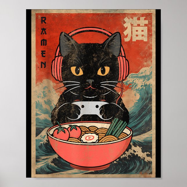 Affiche Ramen Japonais de Chat Drôle Graphique Mignon Anim (Devant)