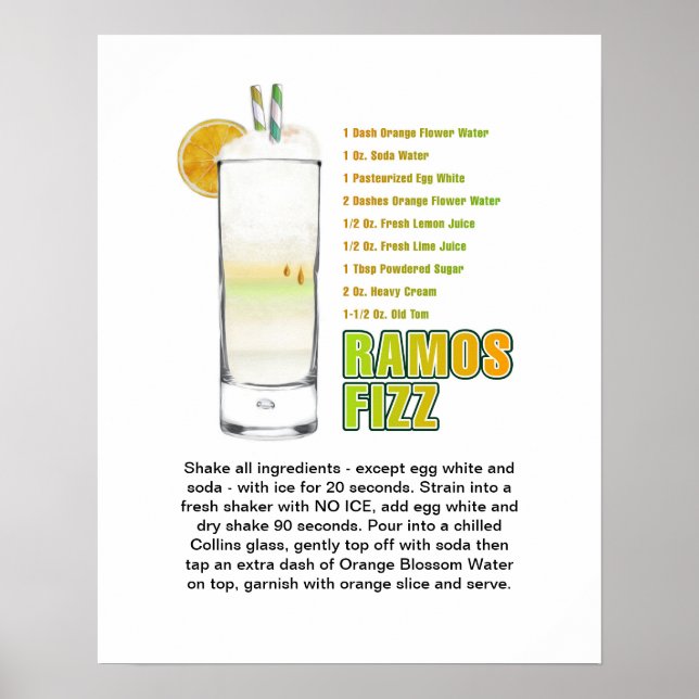 Affiche Ramos Gin Fizz Cocktail Recette Art 16"x20" (Devant)