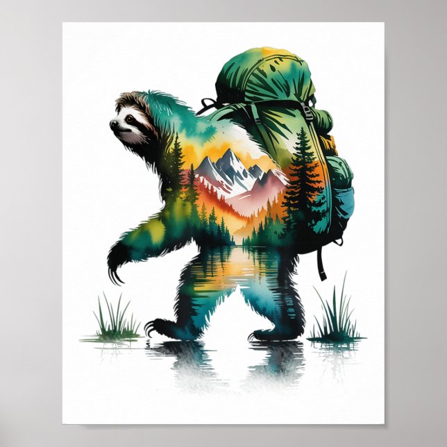 Affiche Randonnée Sloth Backpacking Mountain Wildlife Wate (Devant)
