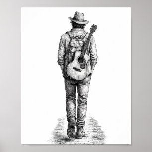 Affiche Randonneur Solitaire avec Guitare Croquis au Crayo
