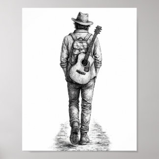 Affiche Randonneur Solitaire avec Guitare Croquis au Crayo