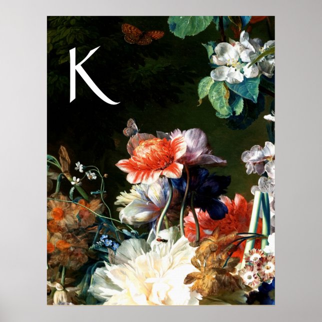 Affiche RANEMONES,FLEURS,PAPILLON NOIR FLORAL Monogramme (Devant)