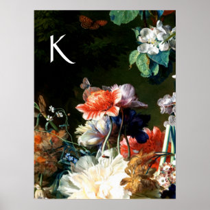 Affiche RANEMONES,FLEURS,PAPILLON NOIR FLORAL Monogramme