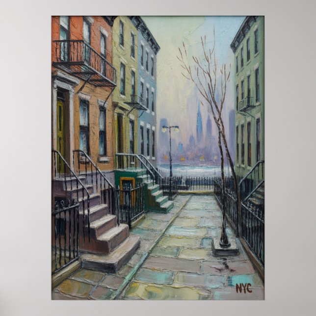 Affiche Rangée de brownstones à Brooklyn avec la skyline d (Devant)