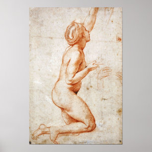 Affiche Raphael - Figure à genoux Femme avec son bras gauc