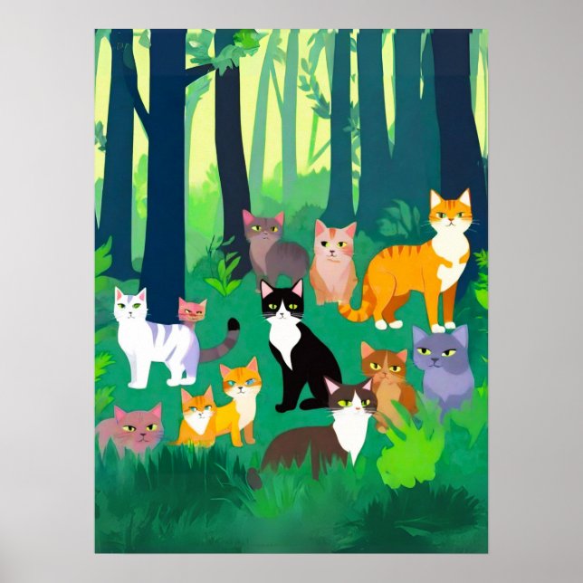Affiche Rassemblement de chats dans une clairière de forêt (Devant)