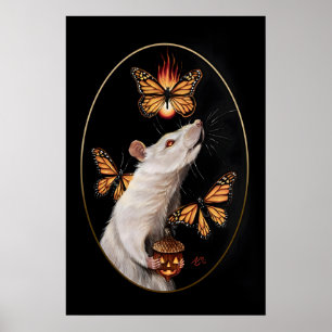 Affiche Rat blanc avec papillons monarques Maison gothique