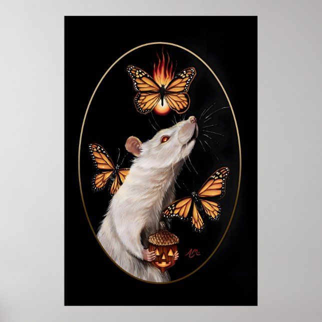 Affiche Rat blanc avec papillons monarques Maison gothique (Devant)