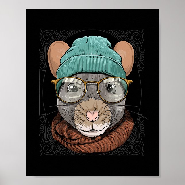 Affiche Rat Hipster avec lunettes Rat Souris Lover 546 (Devant)