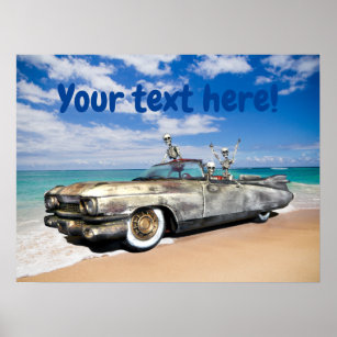 Affiche Rat Rod Car Skeleton Joyride sur la plage Drôle