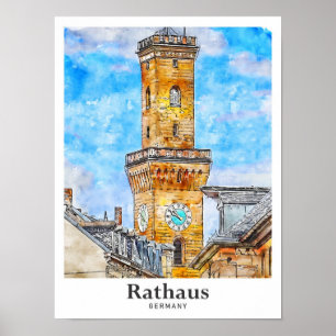 Affiche Rathaus Allemagne Voyage Aquarelle main tirée