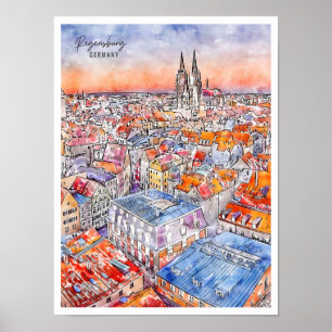 Affiche Ratisbonne Allemagne aquarelle de voyage vintage