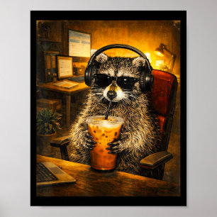 Affiche Raton laveur buvant du café glacé amateur de caféi