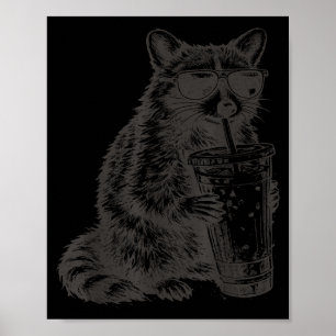 Affiche Raton laveur buvant du café glacé drôle pour homme