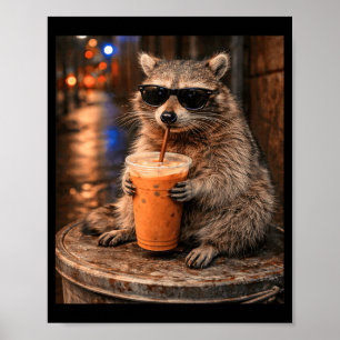 Affiche Raton laveur buvant du café glacé mème animal drôl