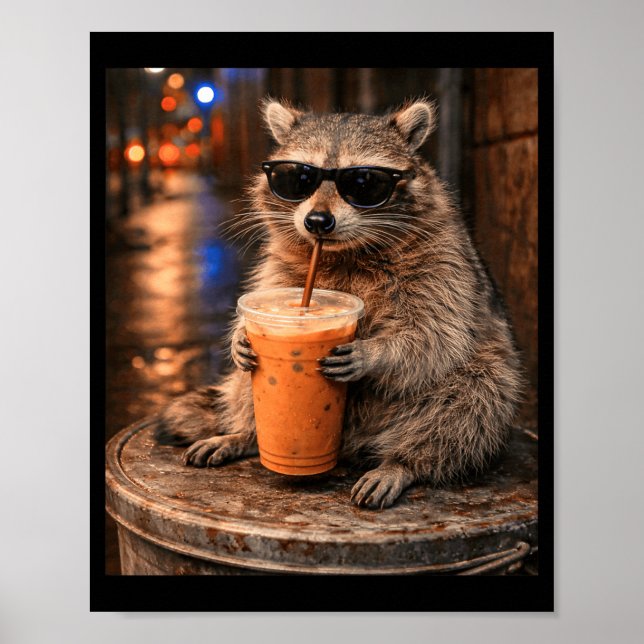Affiche Raton laveur buvant du café glacé mème animal drôl (Devant)