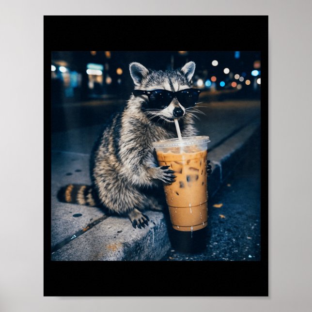Affiche Raton laveur buvant du café glacé mème animal drôl (Devant)