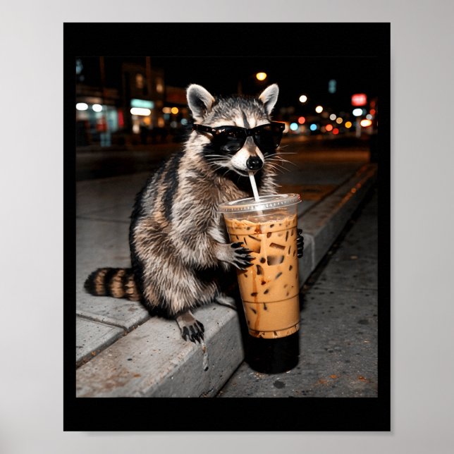 Affiche Raton laveur buvant du café glacé mème animal drôl (Devant)
